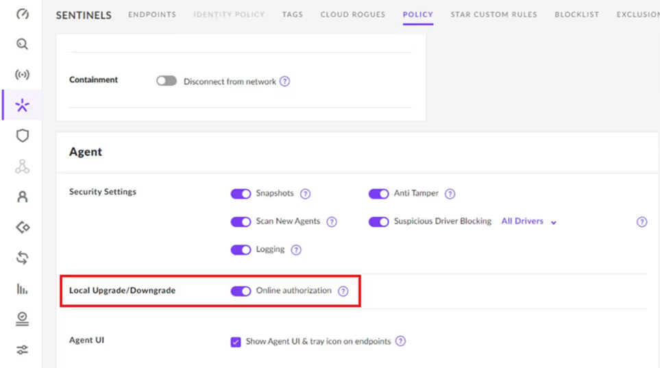 SentinelOne Online Authorization Setting